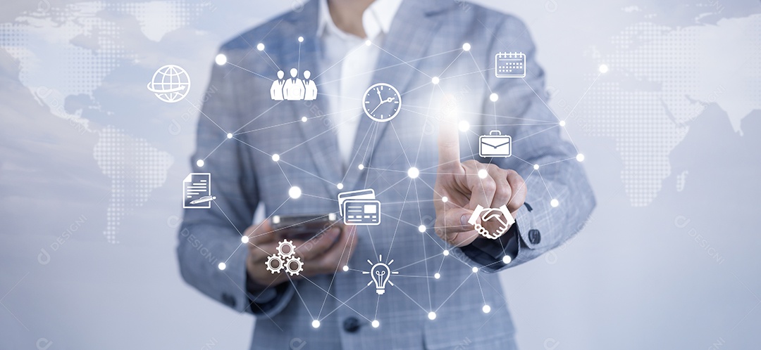 Empresário touchscreen no gráfico Ícone de tela de uma tela de mídia IA