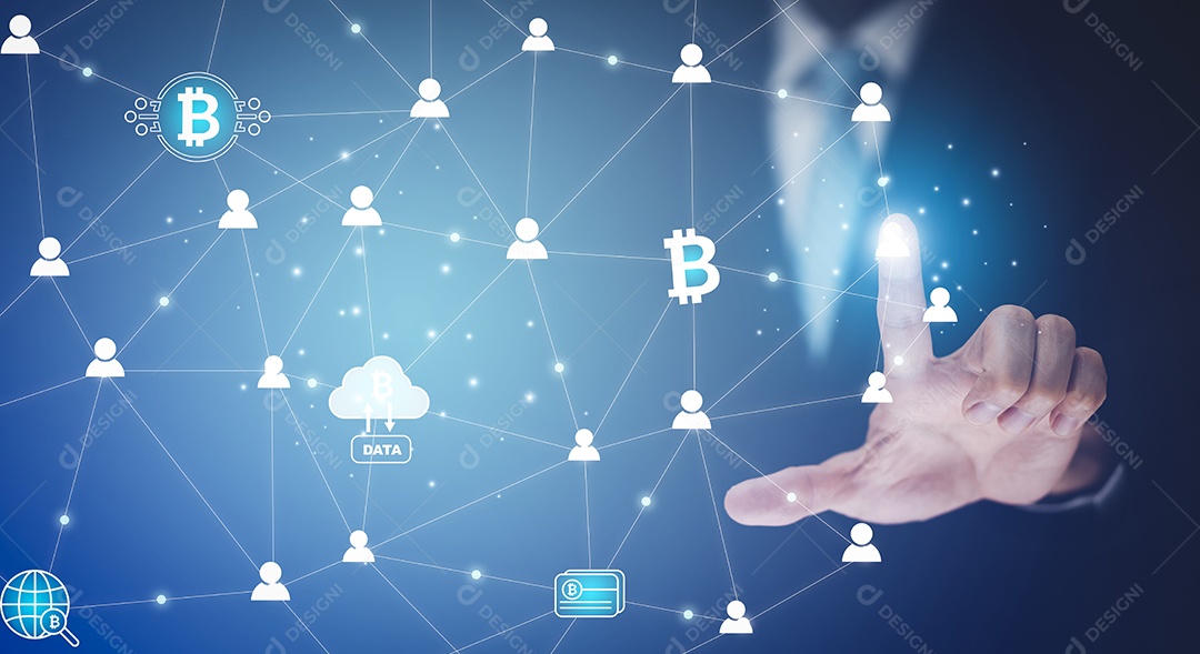 Empresário pressiona botão social humano moderno em fundo virtual rede global de infraestrutura e troca de informações de conexão com o cliente em fundo branco  IA