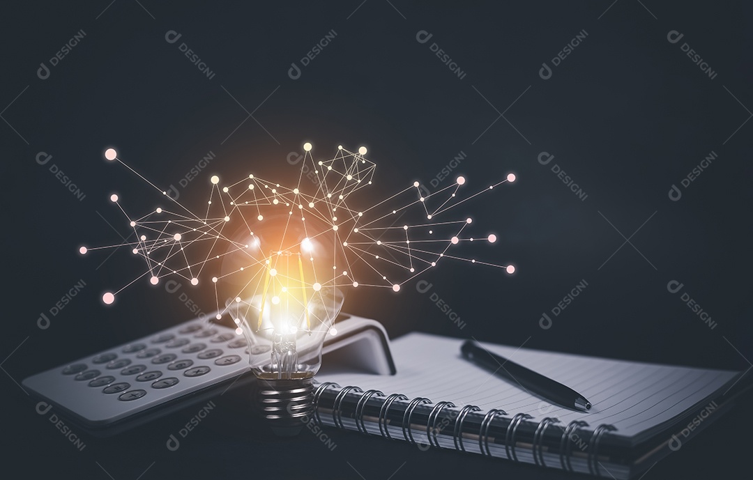 Pensando e conceito criativo lâmpada no livro e estilo de lâmpada bokeh fundo escuro vintage IA