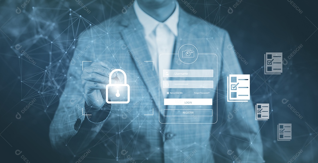 Empresário toca gráfico escaneia o sistema de proteção de segurança cibernética IA