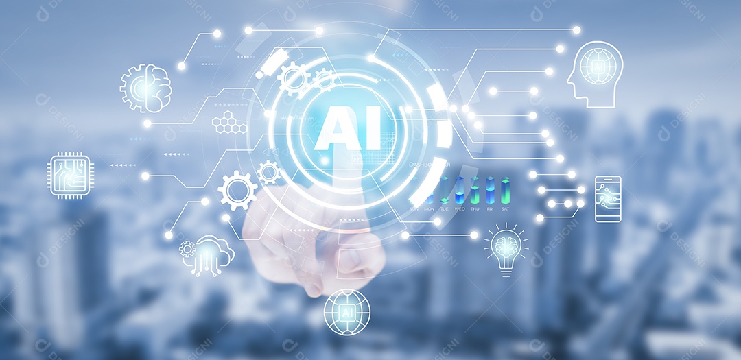 Empresário toca Inteligência Artificial IA em rede de big data aprendizado de máquina e dados em fundo escuro IA