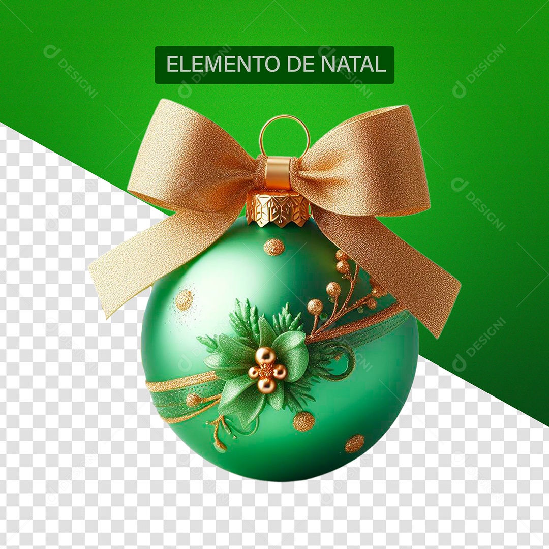 Bola de Enfeite de Natal Elemento 3D Verde e Dourado para Composição PSD