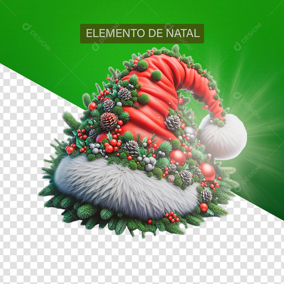 Chapéu de Natal Elemento 3D Verde Vermelho e Branco para Composição PSD