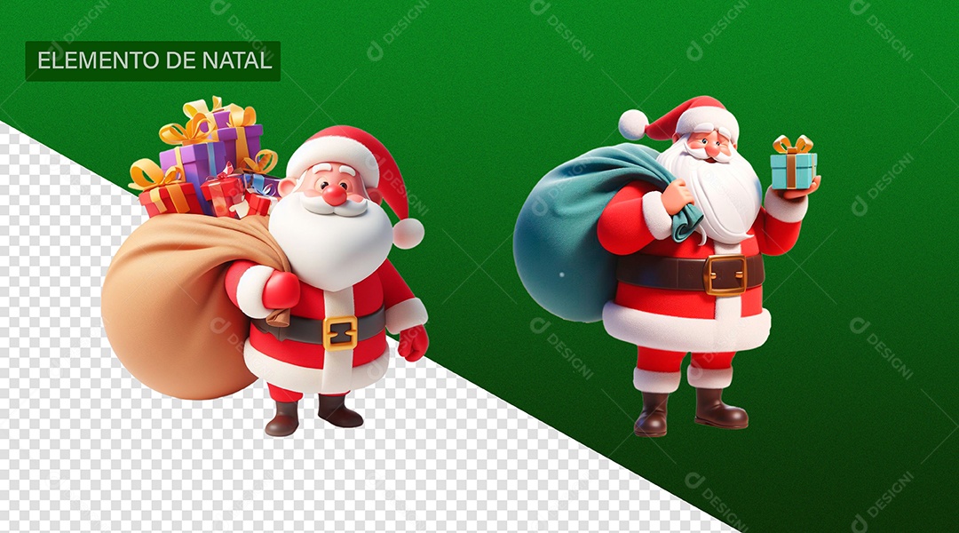 Papais Noel Segurando Saco de Presente e Caixa de Presente Elemento 3D para Composição PSD