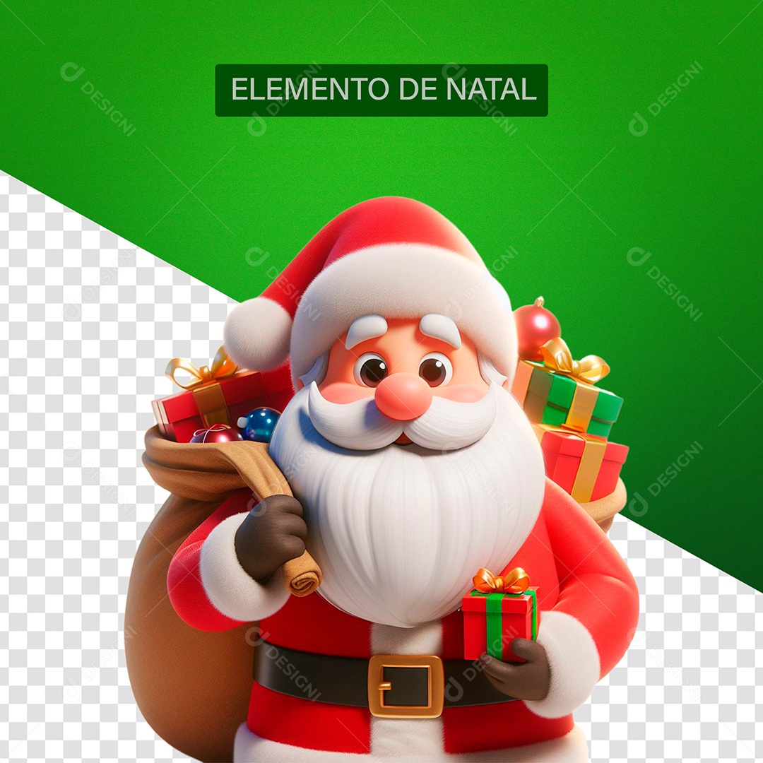 Papai Noel com Saco de Presente nas Costa Elemento 3D para Composição PSD