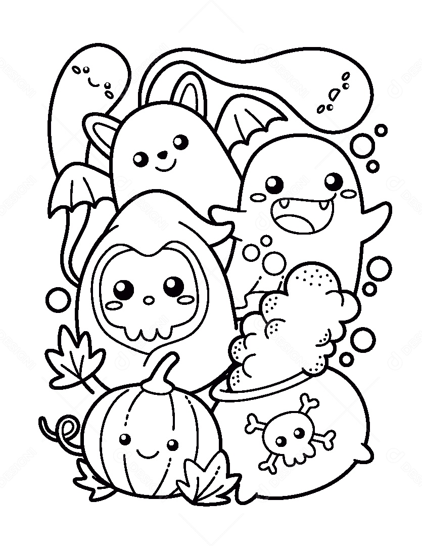 Desenho de Vários Monstros do Halloween Para Colorir Vetor EPS