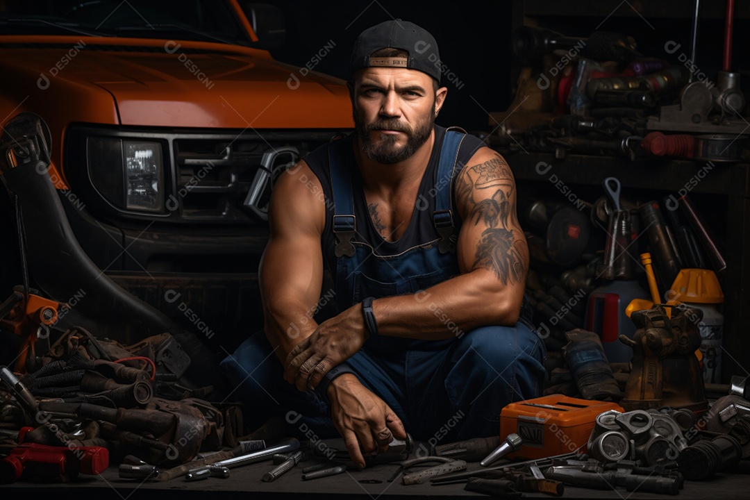 Mecânico masculino determinado com ferramentas colocadas sobre a mesa