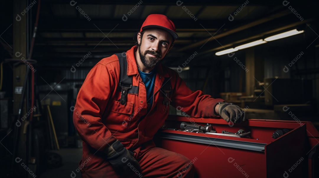 Retrato grande angular de um mecânico qualificado