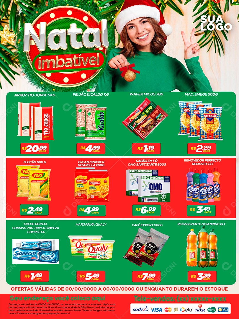 Encarte Natal Imbatível Supermercado Produtos Arroz Feijão Macarrão Flocão de Milho Social Media PSD Editável