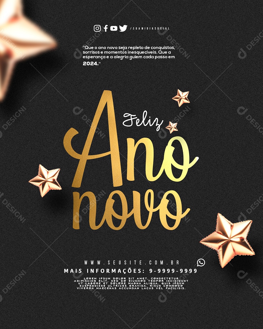 Feliz Ano Novo que a Esperança e a Alegria Guiem Cada Passe em 2024 Social Media PSD Editável