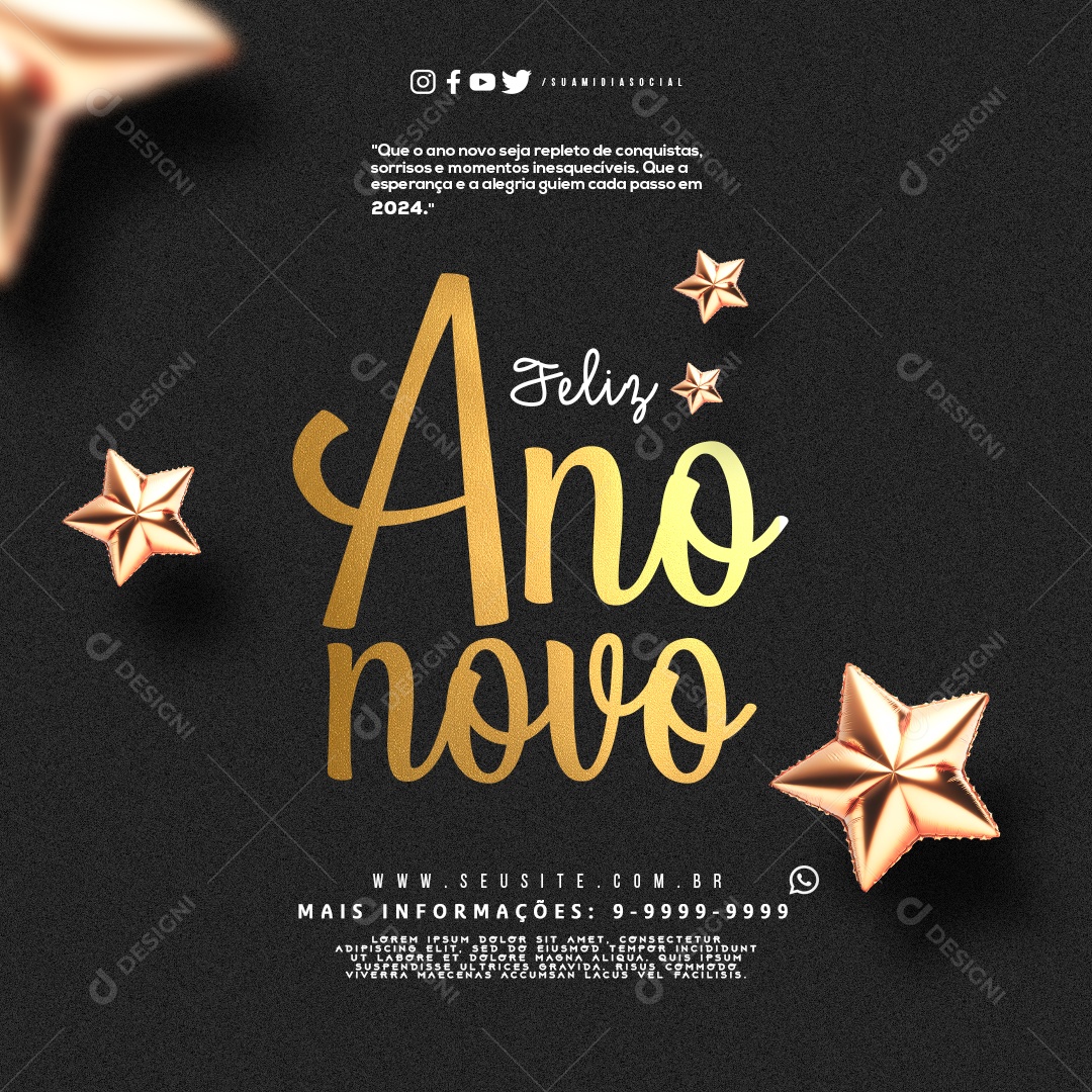 Feed Feliz Ano Novo que a Esperança e a Alegria Guiem Cada Passe em 2024 Social Media PSD Editável