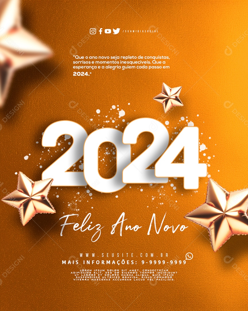 Feliz Ano Novo 2024 Seja Repleto de Conquistas Sorrisos e Momentos Inesquecíveis Social Media PSD Editável
