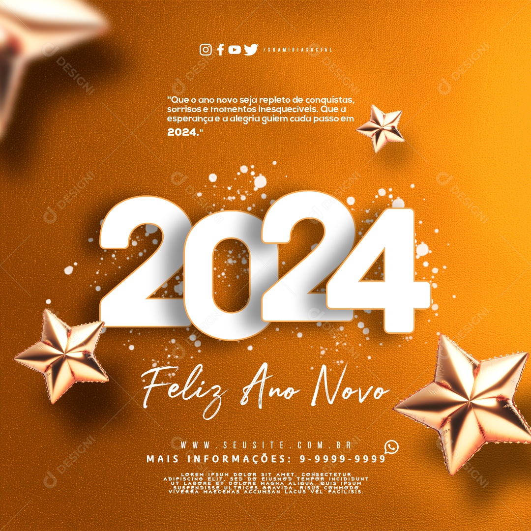 Feed Feliz Ano Novo 2024 Seja Repleto de Conquistas Sorrisos e Momentos Inesquecíveis Social Media PSD Editável