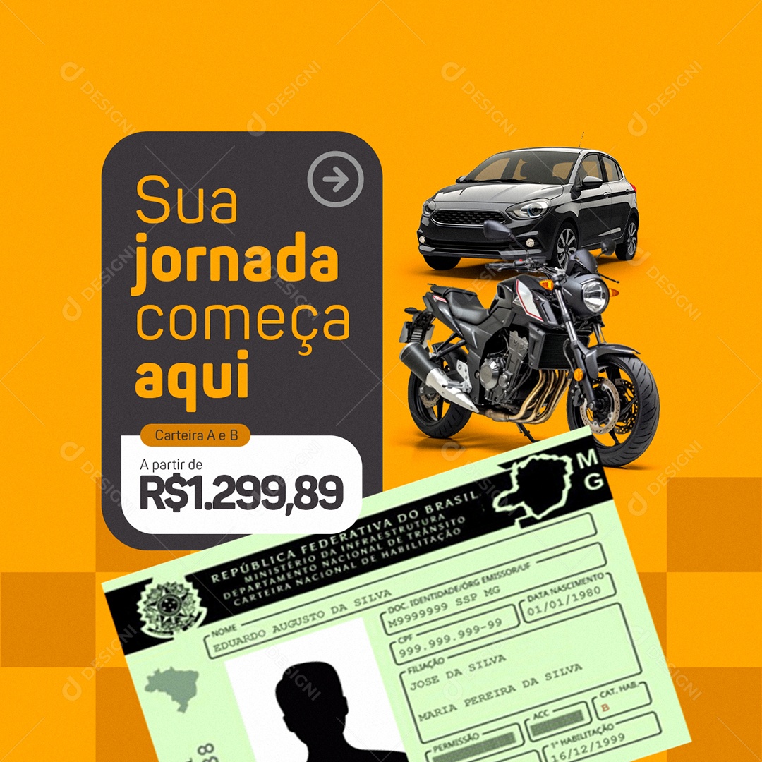 Auto Escola Sua Jornada Começa Aqui Carteira A e B Social Media PSD Editável