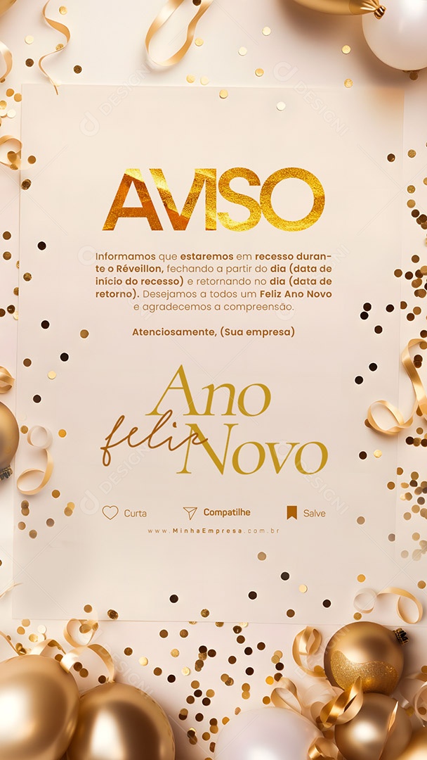 Story Ano Novo Aviso Empresa Informamos que Estaremos em Recesso Durante o Réveillon Social Media PSD Editável