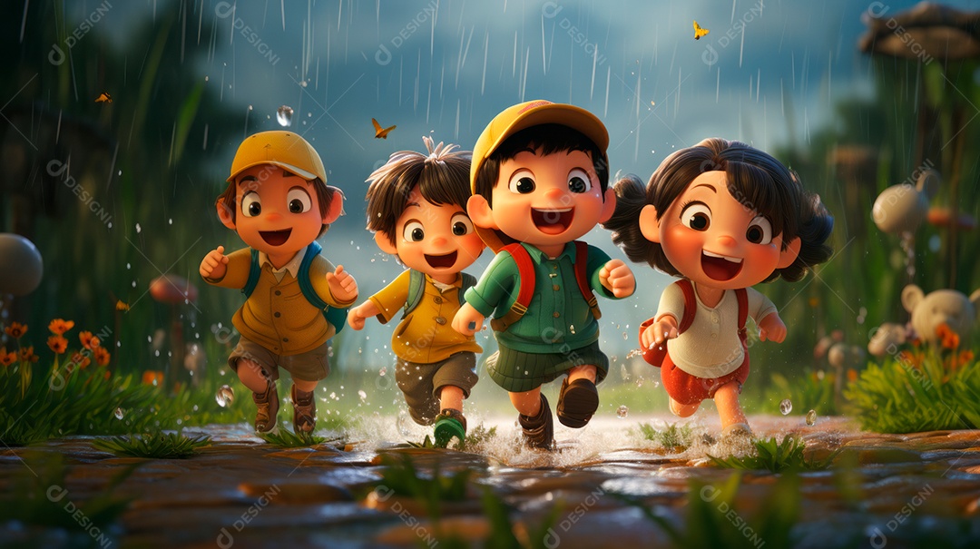Personagens de desenhos animados de crianças brincando na chuva. Estação chuvosa, estilo cartoon, IA generativa 3D.