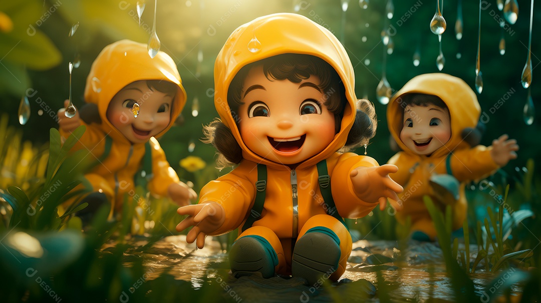 Personagens de desenhos animados de crianças brincando na chuva. Estação chuvosa, estilo cartoon, IA generativa 3D.