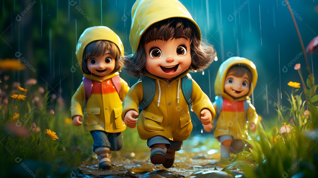 Personagens de desenhos animados de crianças brincando na chuva. Estação chuvosa, estilo cartoon, IA generativa 3D.