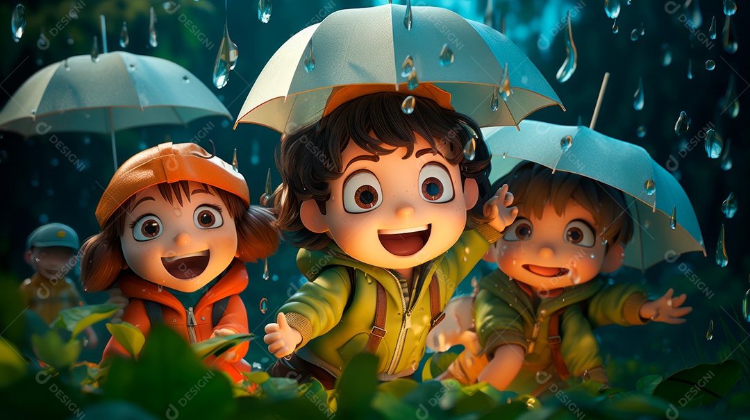 Personagens de desenhos animados de crianças brincando na chuva. Estação chuvosa, estilo cartoon, IA generativa 3D.