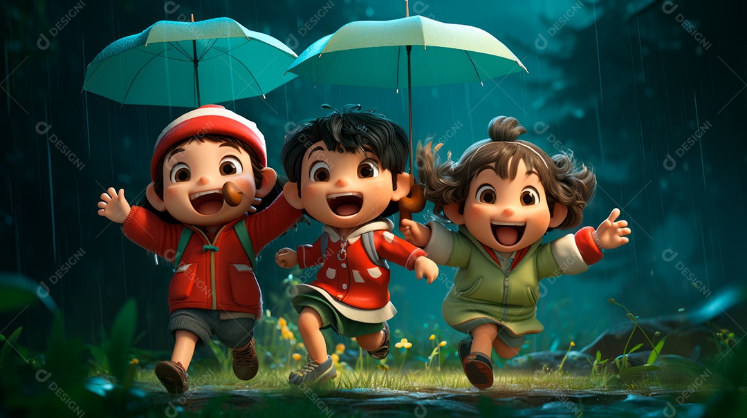 Personagens de desenhos animados de crianças brincando na chuva. Estação chuvosa, estilo cartoon, IA generativa 3D.