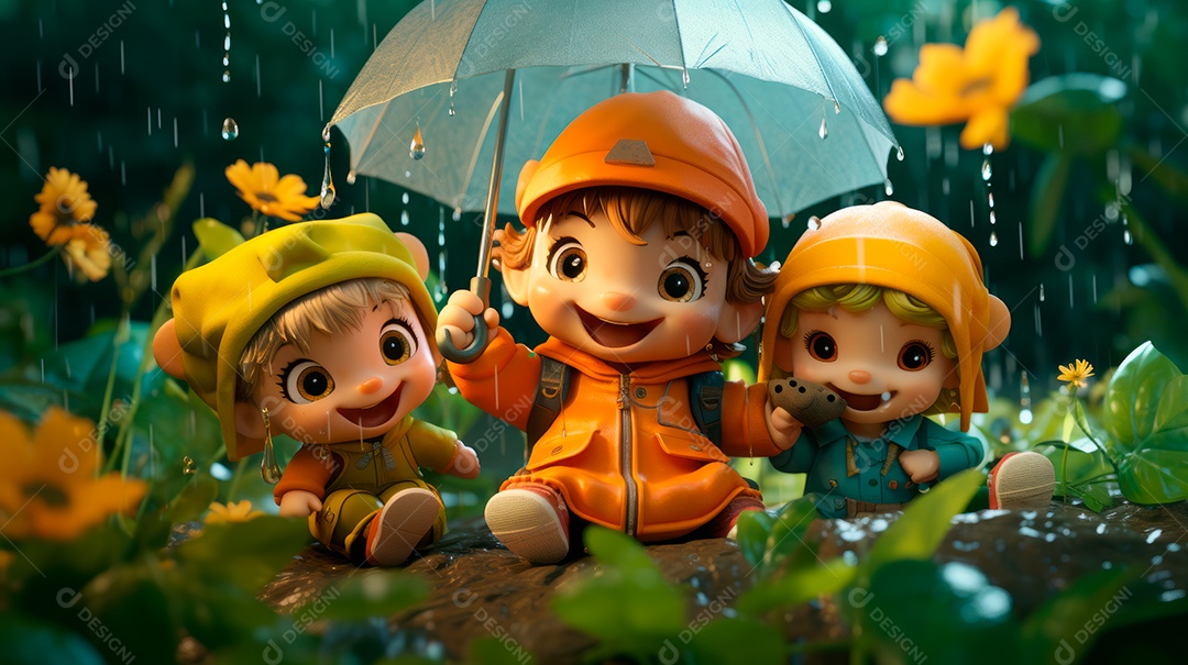 Personagens de desenhos animados de crianças brincando na chuva. Estação chuvosa, estilo cartoon, IA generativa 3D.