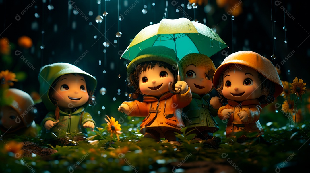 Personagens de desenhos animados de crianças brincando na chuva. Estação chuvosa, estilo cartoon, IA generativa 3D.