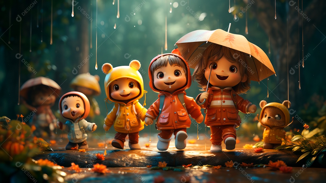 Personagens de desenhos animados de crianças brincando na chuva. Estação chuvosa, estilo cartoon, IA generativa 3D.