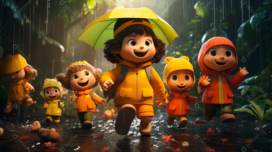 Personagens de desenhos animados de crianças brincando na chuva. Estação chuvosa, estilo cartoon, IA generativa 3D.
