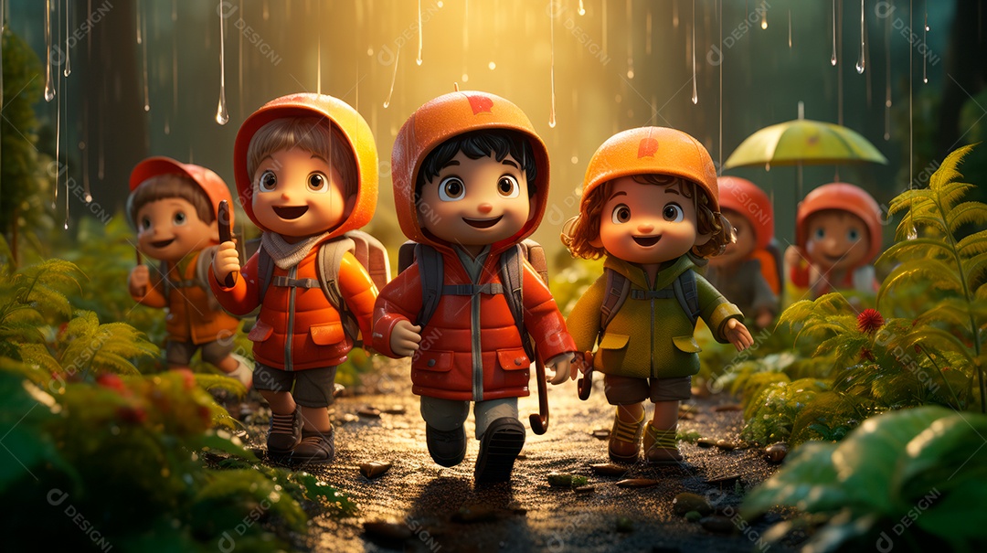 Personagens de desenhos animados de crianças brincando na chuva. Estação chuvosa, estilo cartoon, IA generativa 3D.