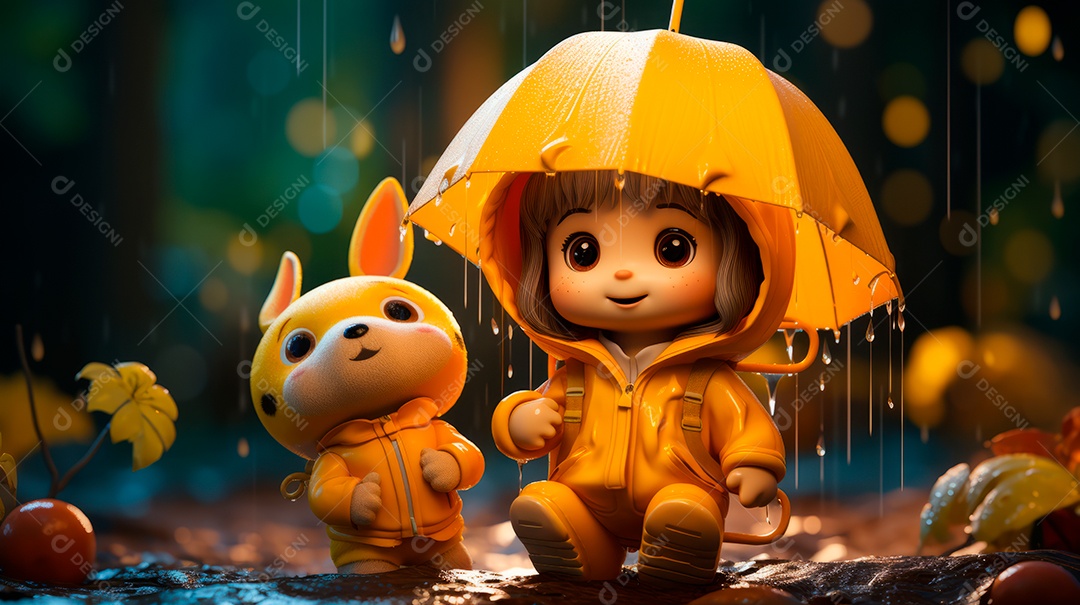 Personagens de desenhos animados de crianças brincando na chuva. Estação chuvosa, estilo cartoon, IA generativa 3D.