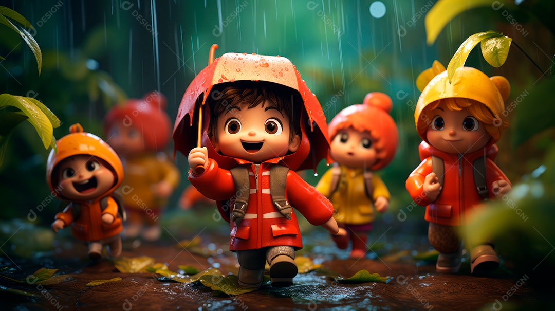 Personagens de desenhos animados de crianças brincando na chuva. Estação chuvosa, estilo cartoon, IA generativa 3D.