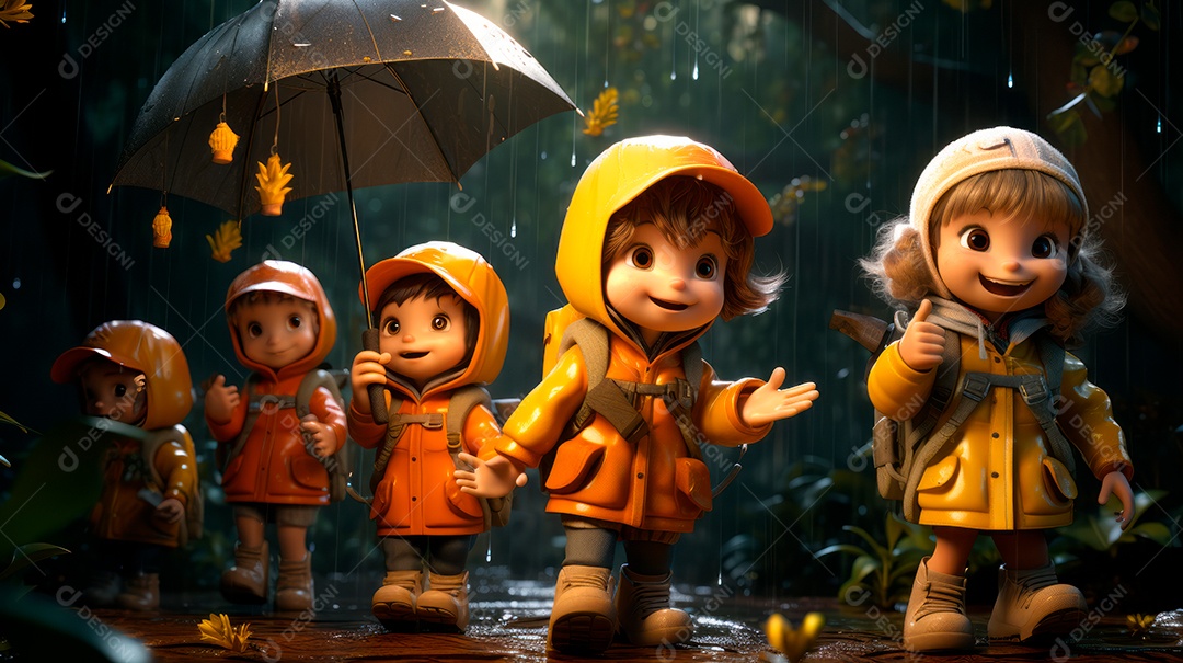 Personagens de desenhos animados de crianças brincando na chuva. Estação chuvosa, estilo cartoon, IA generativa 3D.