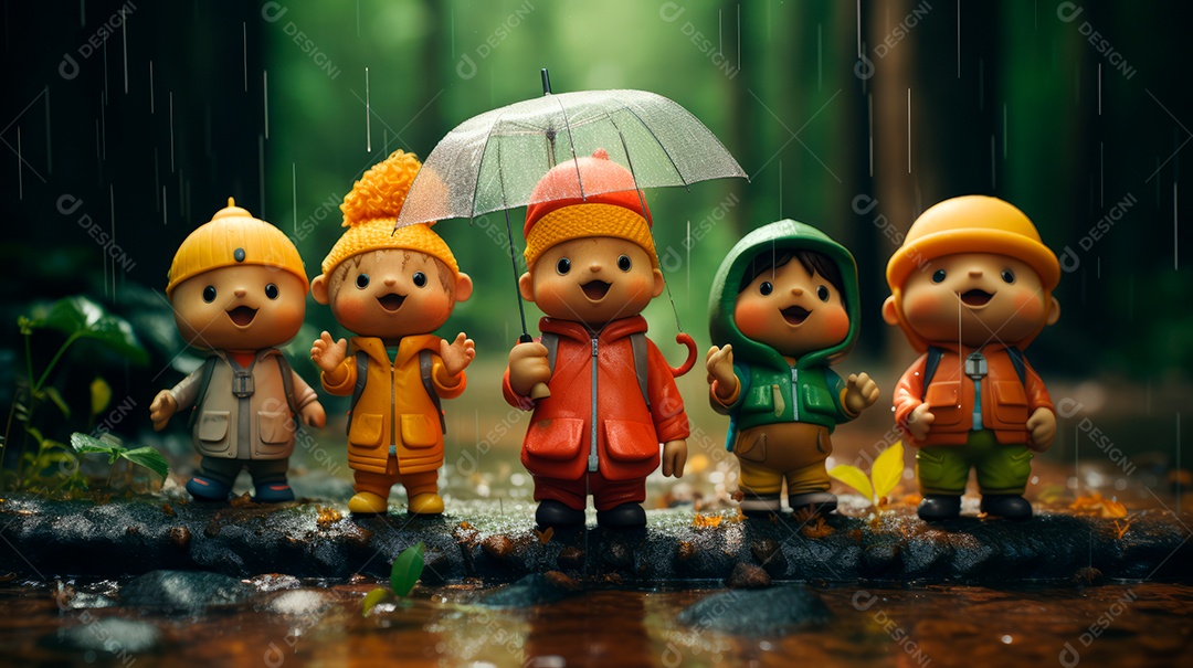 Personagens de desenhos animados de crianças brincando na chuva. Estação chuvosa, estilo cartoon, IA generativa 3D.