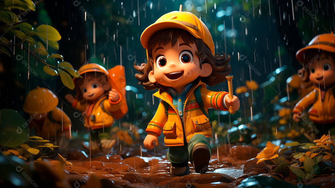 Personagens de desenhos animados de crianças brincando na chuva. Estação chuvosa, estilo cartoon, IA generativa 3D.