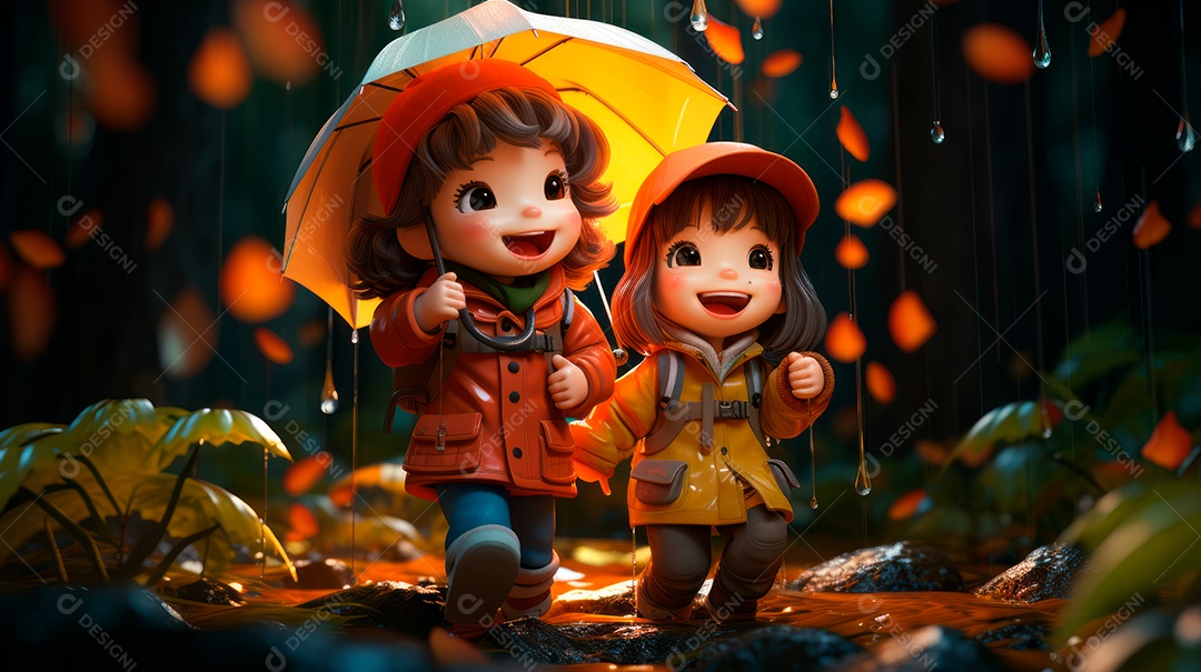 Personagens de desenhos animados de crianças brincando na chuva. Estação chuvosa, estilo cartoon, IA generativa 3D.