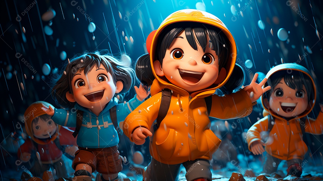 Personagens de desenhos animados de crianças brincando na chuva. Estação chuvosa, estilo cartoon, IA generativa 3D.