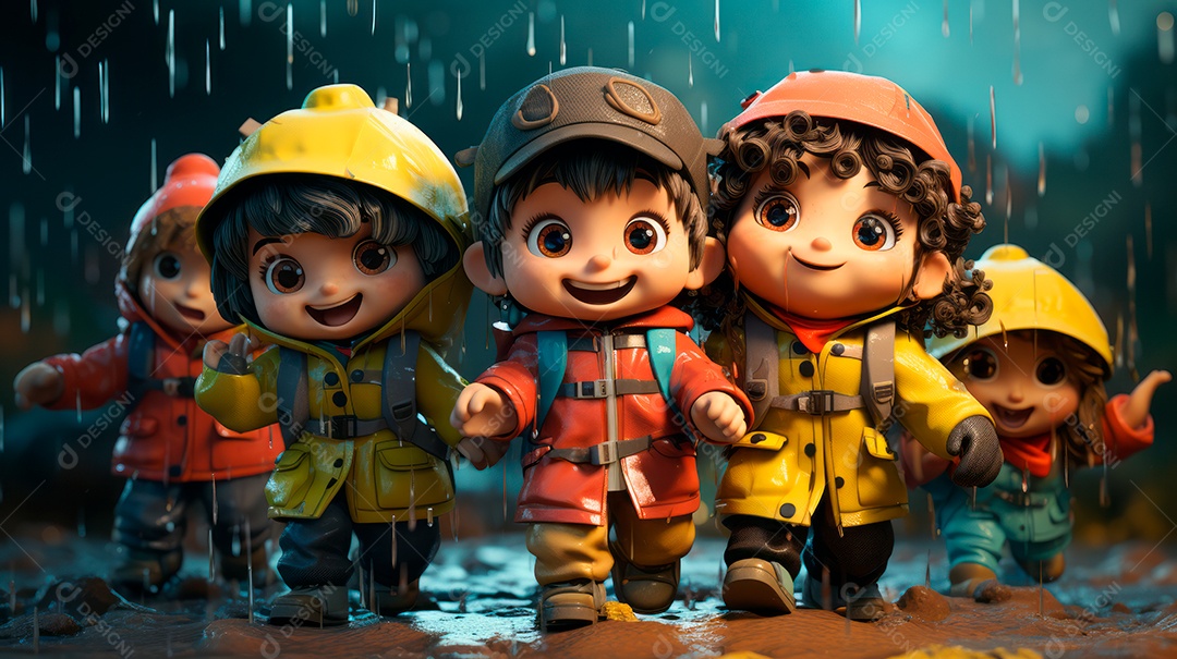 Personagens de desenhos animados de crianças brincando na chuva. Estação chuvosa, estilo cartoon, IA generativa 3D.