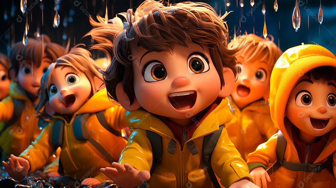 Personagens de desenhos animados de crianças brincando na chuva. Estação chuvosa, estilo cartoon, IA generativa 3D.