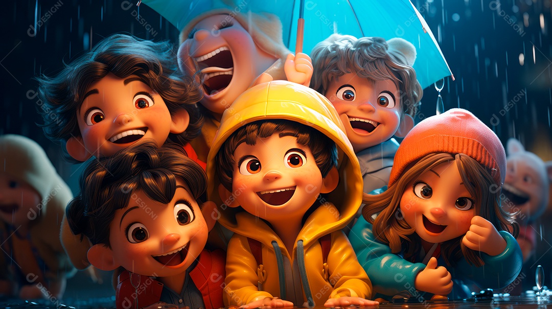 Personagens de desenhos animados de crianças brincando na chuva. Estação chuvosa, estilo cartoon, IA generativa 3D.