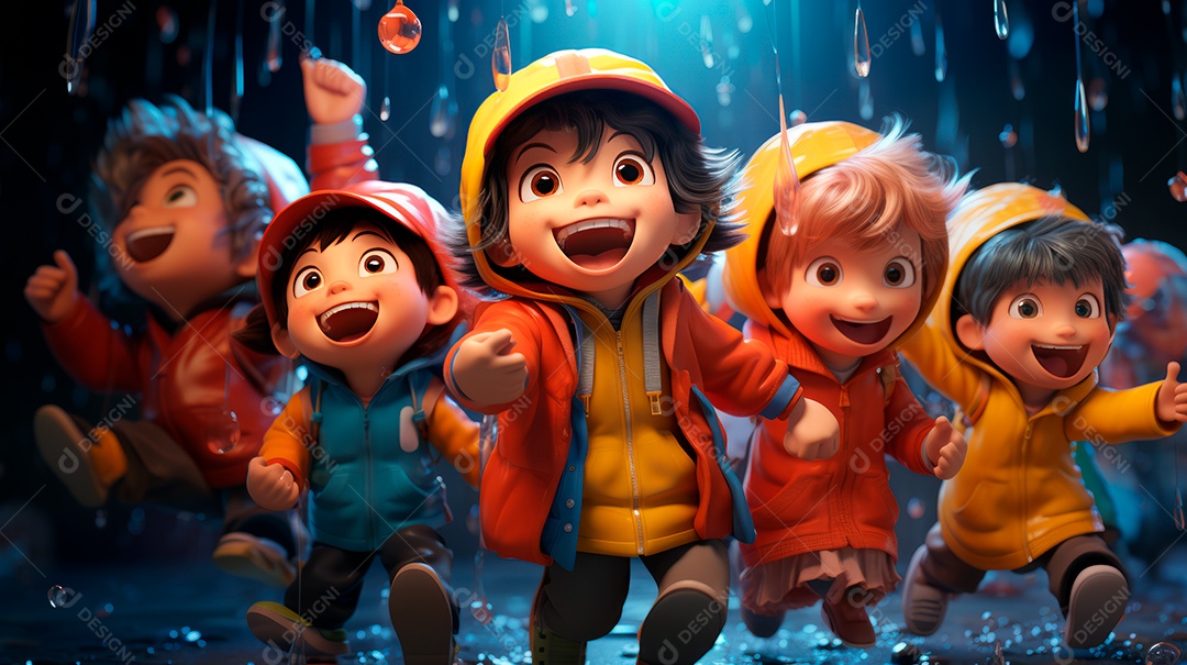 Personagens de desenhos animados de crianças brincando na chuva. Estação chuvosa, estilo cartoon, IA generativa 3D.