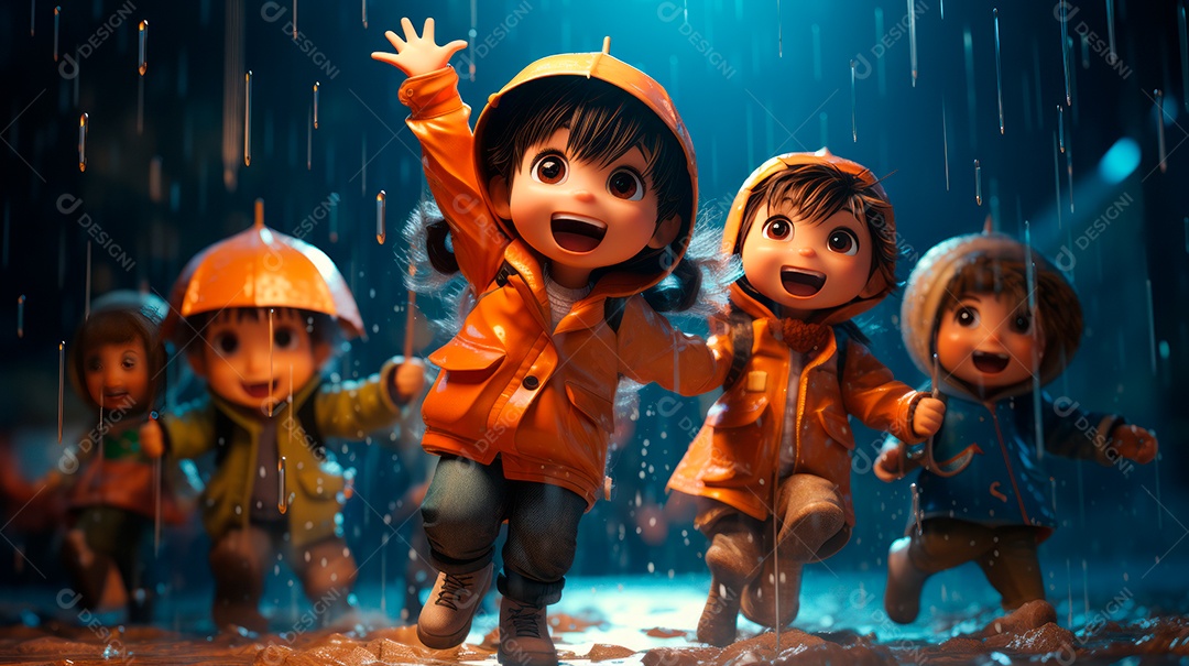 Personagens de desenhos animados de crianças brincando na chuva. Estação chuvosa, estilo cartoon, IA generativa 3D.