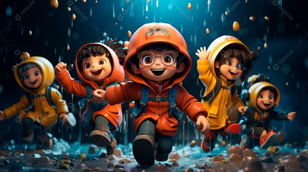 Personagens de desenhos animados de crianças brincando na chuva. Estação chuvosa, estilo cartoon, IA generativa 3D.