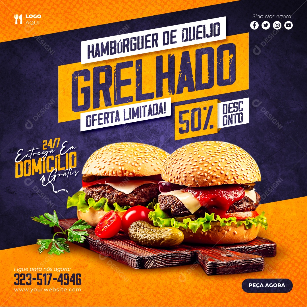 Social Media Hambúrguer De Queijo Grelhado Hamburgueria PSD Editável