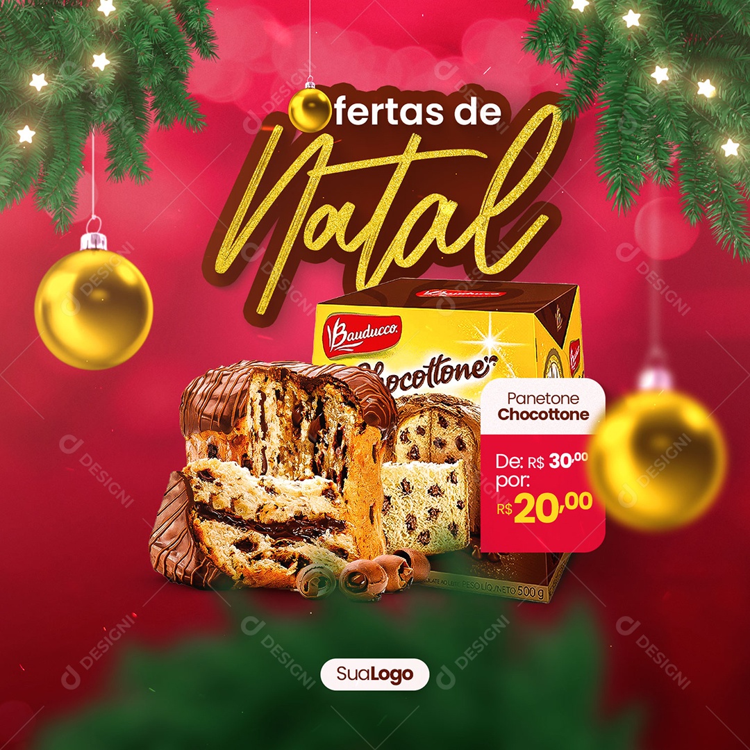 Ofertas de Natal Panetone Chocottone Social Media PSD Editável