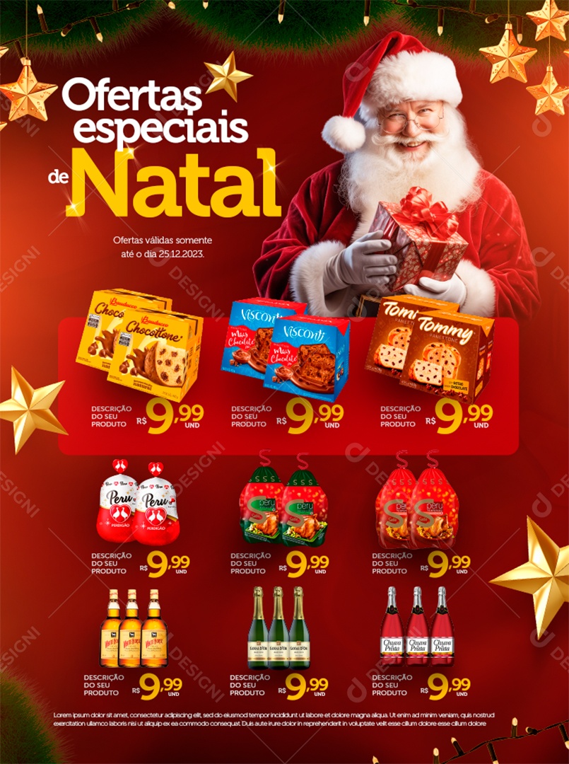 Encarte Ofertas Especiais de Natal Supermercado Panetone Bebidas Social Media PSD Editável