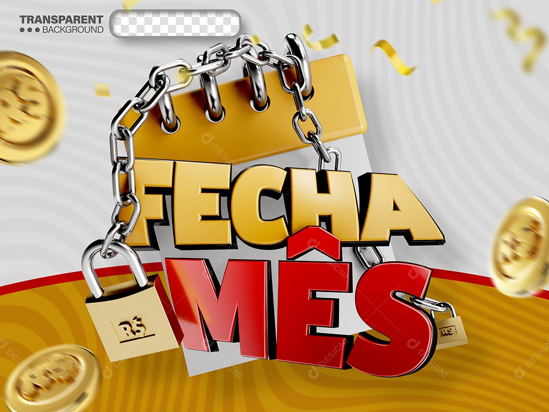Fecha Mês Selo 3D Dourado e Vermelho para Composição PSD