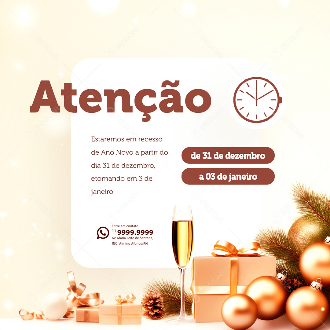 Atenção Estaremos em Recesso de Ano Novo Social Media PSD Editável