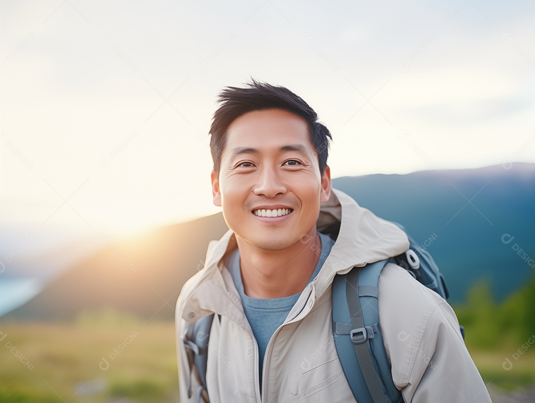 Retrato de um homem asiático se sentindo feliz após caminhar no topo da montanha sob a luz do pôr do sol