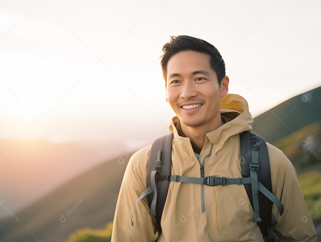 Retrato de um homem asiático se sentindo feliz após caminhar no topo da montanha sob a luz do pôr do sol