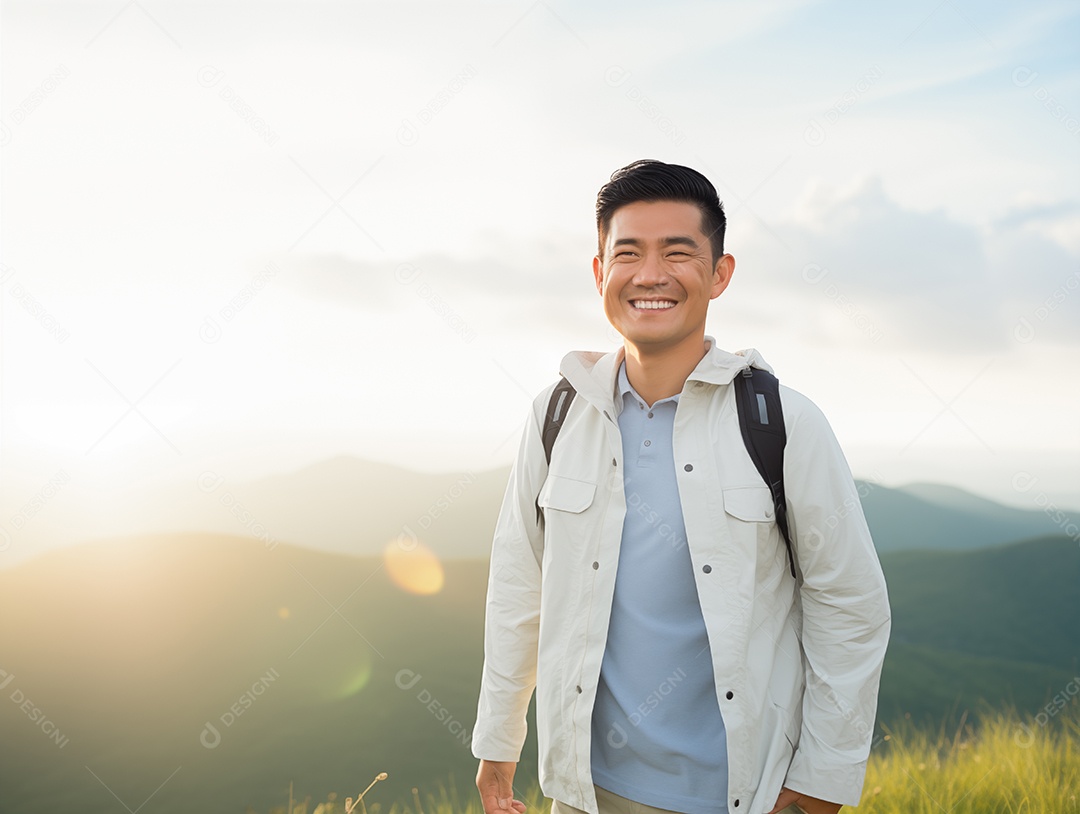Retrato de um homem asiático se sentindo feliz após caminhar no topo da montanha sob a luz do pôr do sol